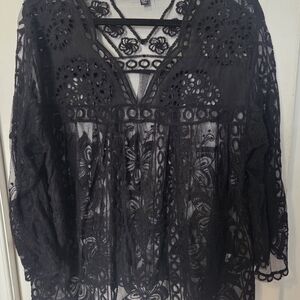 Adiva Black Sheer Lace Floral Boho Blouse